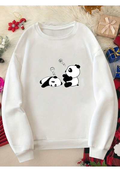 Uyguntarz Uykucu Panda Baskılı Bisiklet Yaka Sweatshirt beyaz