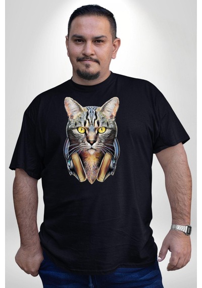 Angemiel Kulaklık Kedi Siyah Büyük Beden Erkek Kadın Unisex Basic Ön Baskılı Tişört Siyah