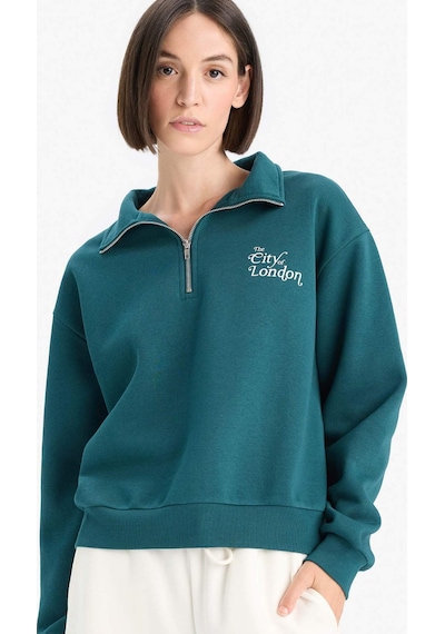 Defacto Regular Fit Yarım Fermuarlı Baskılı Kalın Sweatshirt F1067ax25augn1040 Yeşil