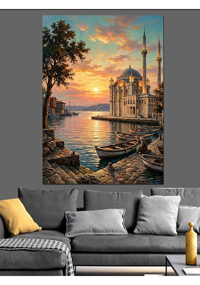 Gün Batımı Sahil Camii Manzarası Dekoratif Kanvas - Mdf Ahşap Tablo