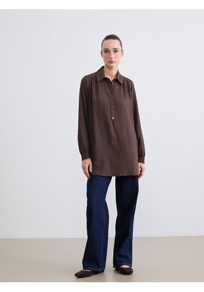Lcw Everyday Kahverengi Gömlek Yaka Çizgili Oversize Armürlü Kadın Tunik