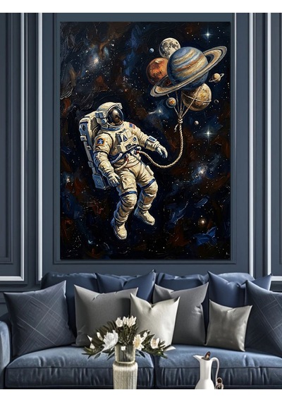 Gezegen Balonlu Astronot Uzay Yürüyüşü Dekoratif Kanvas - Mdf Ahşap Tablo Çok Renkli
