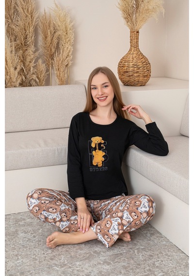 Kadın Pamuklu Baskı Detaylı Uzun Kollu Pijama Takım Siyah