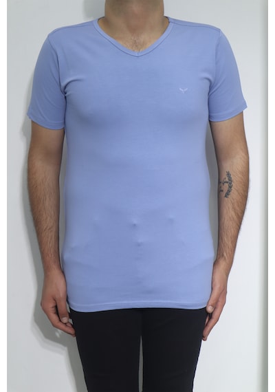 Santa Dmctekstil Erkek Düz Spor Kesim Dar Kalıp V-yaka T-shirt Mavi