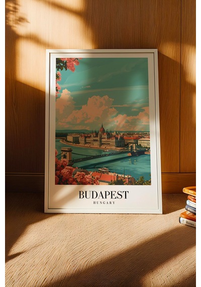 Budapest Hungary Vintage Seyahat Posteri Çerçeveli Tablo - Premium Tuna Nehri Elit Duvar Dekoru Beyaz