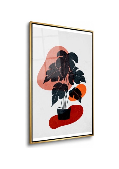 Saksıda Minimal Monstera Gold Çerçeveli Cam Tablo