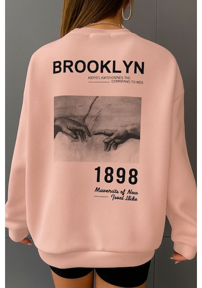 Benroma 3 İplik Penye Brooklyn Baskılı Unisex Sweatshırt Pembe