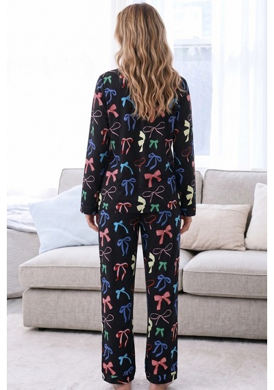 Siyah İnci Desenli Termal Kumaşlı Ultra Soft Yumuşak Düğmeli Örme Pijama Takımı 26226104 Siyah