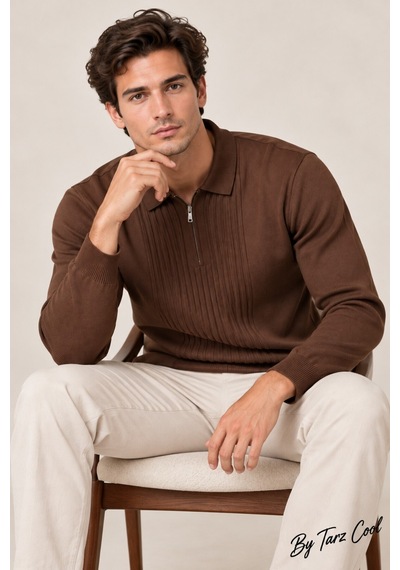 Cool Tarz Erkek Polo Yaka Yarım Fermuarlı Önü Fitilli Slim Fit Akrilik Pamuk Triko Kazak Kahverengi Kahverengi Cool Tarz Erkek Polo Yaka Yarım Fermuarlı Önü Fitilli Slim Fit Akrilik Pamuk Triko Kazak Kahverengi Kahverengi