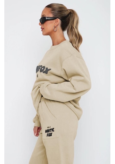 Madmext Bej Bisiklet Yaka Baskılı Sweatshirt Mg1904 Bej
