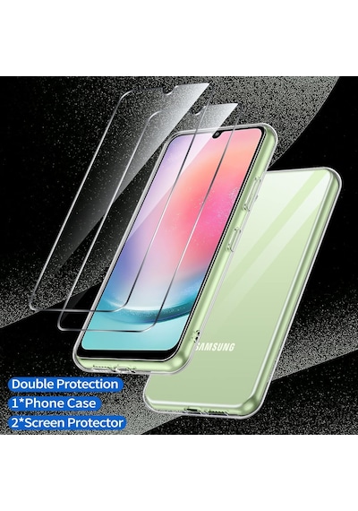 Samsung Galaxy Uyumlu A24 Şeffaf Silikon Kılıf & 2 Adet Temperli Cam Ekran Koruyucu Seti