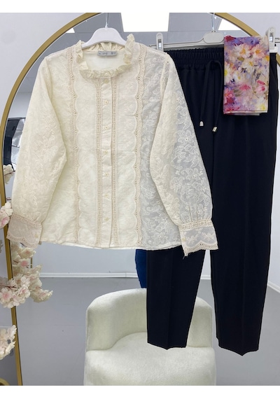 Lovie Moda Kadın Keten Gömlek Pantolon Takım - Bej