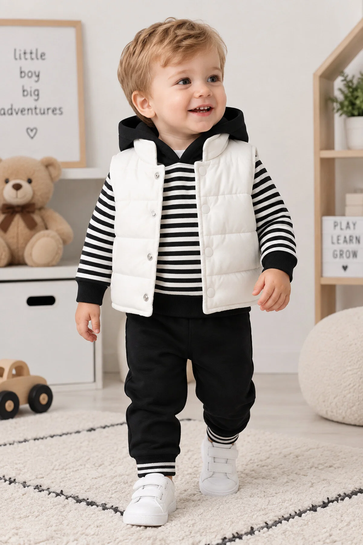 Bilge Trend Erkek Bebek Çizgili Kapüşonlu Sweat , Şişme Yelek , Pantolon 3 Parça Kışlık Takım Siyah - Beyaz