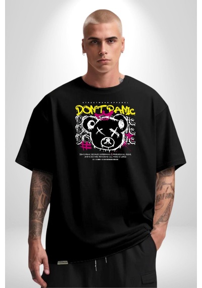 Panik Yok Teddy Pamuklu Bisiklet Yaka Unisex Oversize Boyfriend Dijital Baskılı Siyah T-shirt Siyah Panik Yok Teddy Pamuklu Bisiklet Yaka Unisex Oversize Boyfriend Dijital Baskılı Siyah T-shirt Siyah