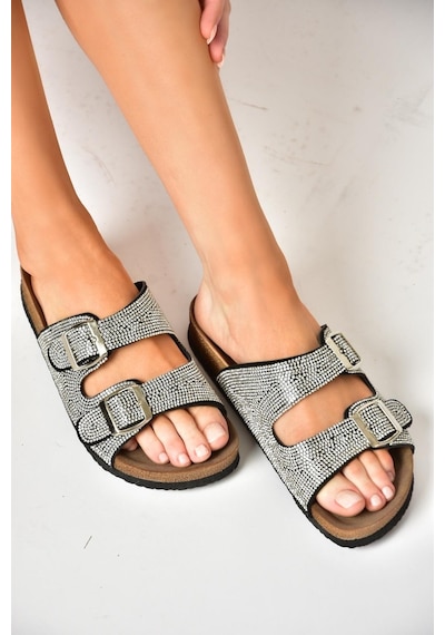 Fox Shoess777527502 Siyah Süet Taşlı Kadın Terlik Siyah