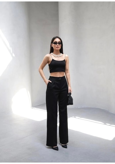 Defymoda Arkasi Lasti Kli Pi Leli Dökümlü Wide Leg Pantolon Siyah