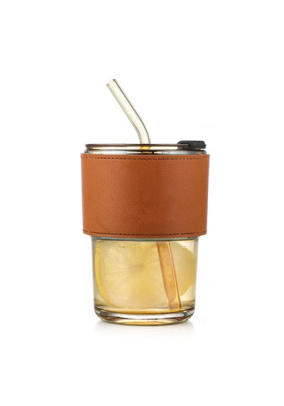Forzacase 350ml Isıya Dayanıklı Deri Şeritli Pipetli Borosilikat Cam Bardak Çay Kahve - Fc1141 Amber