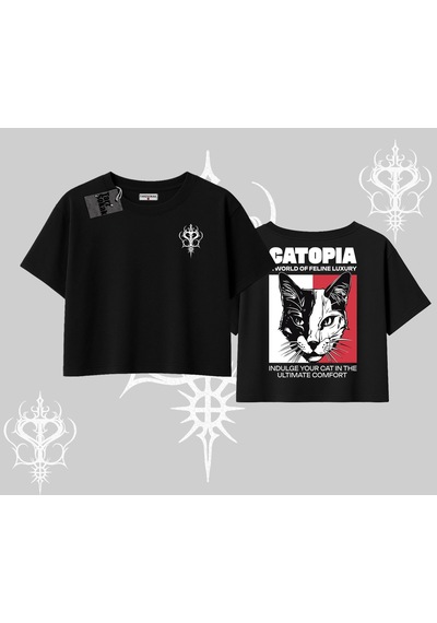 Tarzsokak Modern Kedi Temalı Arka Baskılı Oversize Crop Tshirt Siyah