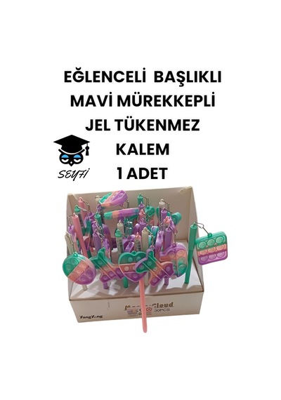 Eğlenceli Başlıklı İnce Uçlu Jel Tükenmez Kalem Mavi Mürekkep Çok Renkli