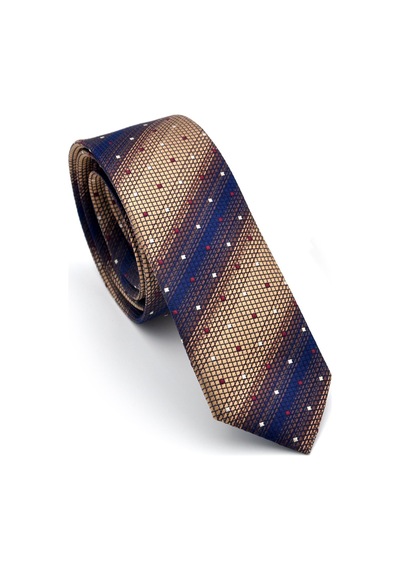 Gaffy Bej Kahverengi Ve Lacivert Verev Desenli Dokuma Kumaş Mendilli Slim Fit Kravat // Sdk-240801 Desenli