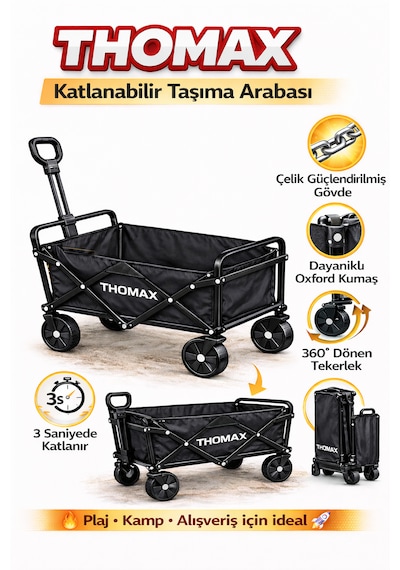 Çok Amaçlı Katlanabilir Araba Ve Taşıma Arabası Kamp,piknik,plaj,pazar, Market Arabası Siyah