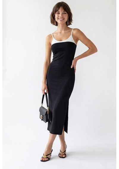 Mixray 2132 Kadın Bodycon Vücudu Saran Askılı Yırtmaçlı Maxi Elbise Siyah
