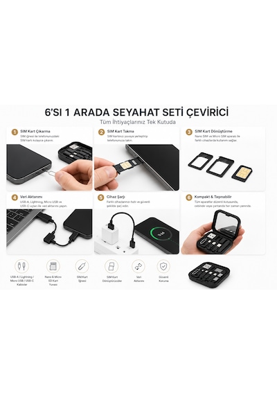 6'sı 1 Arada Seyahat Seti Çevirici 60w Hızlı Şarj, Sım Kart İğnesi, Usb Dönüştürücü, Nano & Micro Sd Kart Yuvası 1 Adet