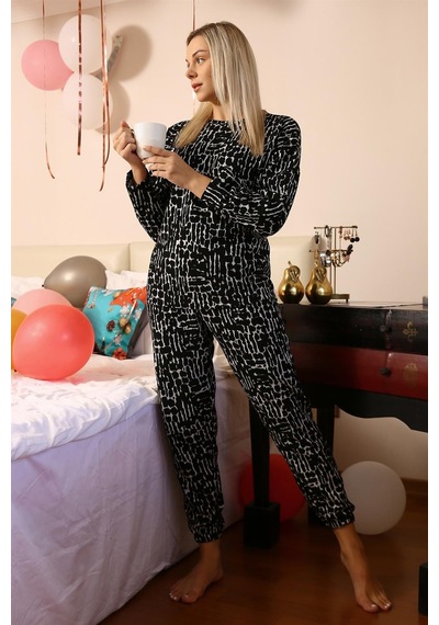 Akbeniz Kadın Uzun Kol 3 İplik Penye Pijama Takım 4180 - L Siyah
