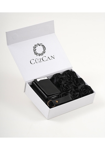 Premium Gift Rose Box - Siyah Hakiki Deri Mekanizmalı Cüzdan Anahtarlık Ve Siyah Gül Kutusu Siyah