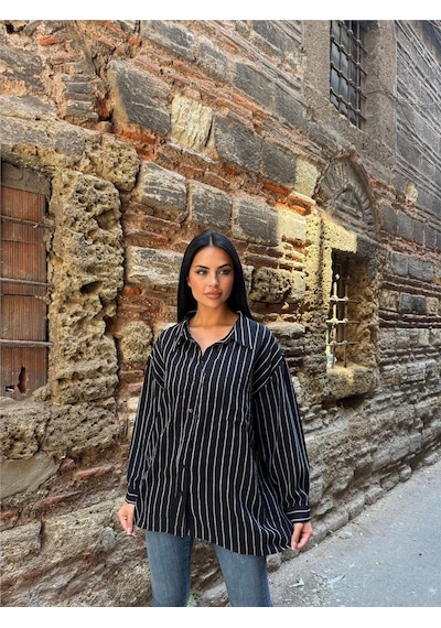WeShaya Siyah Çizgili Oversize Pamuklu Düğmeli Gömlek Siyah
