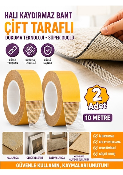 2 Adet 10 Metre Halı Kaydırmaz Bant Çift Taraflı Dokuma Teknoloji Süper Güçlü Çerçeve Taşıyıcı Bant
