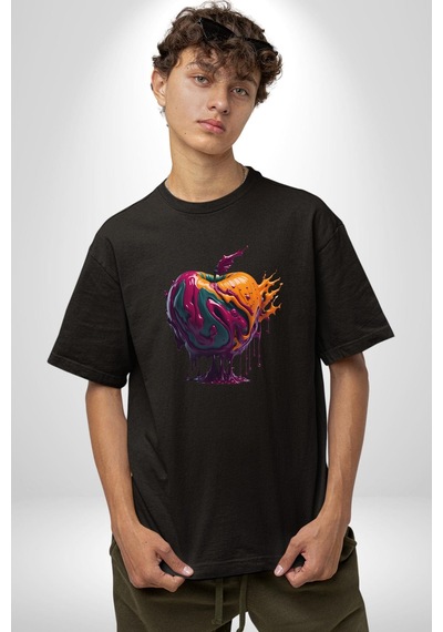 Yağlı Boya Elma Pamuklu Bisiklet Yaka Unisex Oversize Boyfriend Dijital Baskılı Siyah T-shirt Siyah