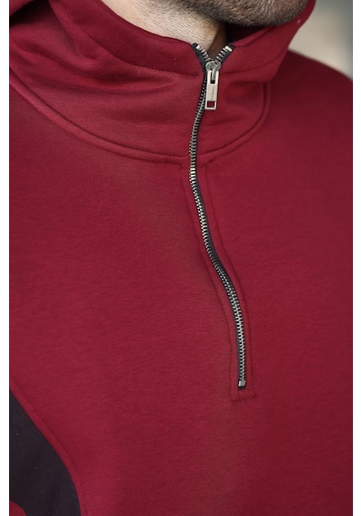 Madmext Bordo Fermuarlı Yaka Kapüşonlu Erkek Sweatshirt E7161 Bordo