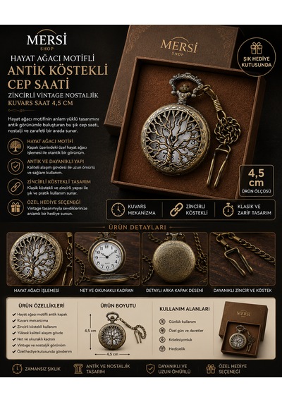 Hayat Ağacı Tasarımlı Antik Köstekli Cep Saati Zincirli Vintage Nostaljik Saat 4,5 Cm