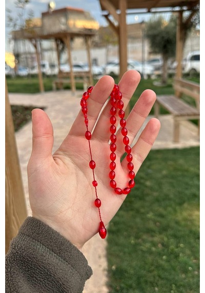 Tesbihkenti Usta İşi Düz Kırmızı Küçük Boy Ateş Kehribar Tesbih