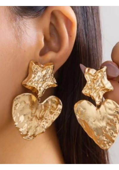 Yıldız Ve Kalp Detaylı Gold Küpe Altın