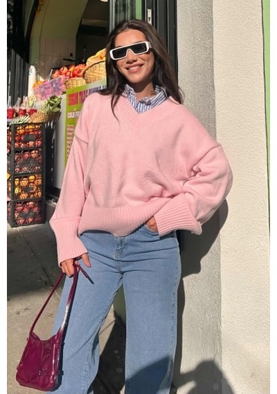 Madmext Pembe V Yaka Oversize Kadın Triko Kazak Mg2149 Pembe