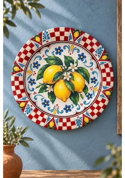 Dekoratif Duvar Tabağı - Limon Ve Kırmızı Dama Desenli - Dekorlu Seramik Tabak