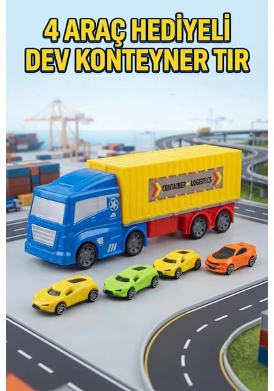 Premium Oyuncak Konteyner Tır Ve Spor Araba Seti - 4'lü Sürtünmeli Mini Yarış Arabalı Tır Taşıyıcı