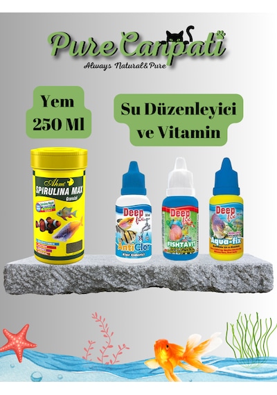Purecanpati Akvaryum Balık Bakım Seti Spirulina Max Granulat Yem 250 Ml + Su Düzenleyici & Vitamin