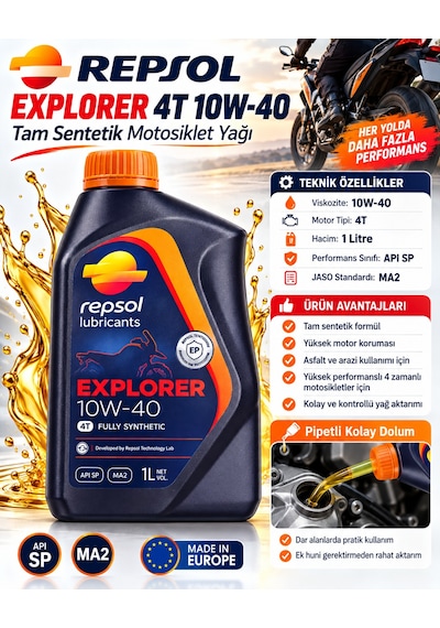 Repsol Explorer 4t 10w-40 Tam Sentetik Motosiklet Motor Yağı 1l Pipetli Kolay Dolum Jaso Ma2
