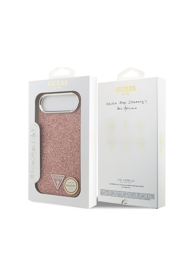 Apple Uyumlu iPhone 17 Air Kılıf Guess Lisanslı M-safeli Metal Kamera Çerçeveli Üçgen Logolu Glitter Pembe Pembe
