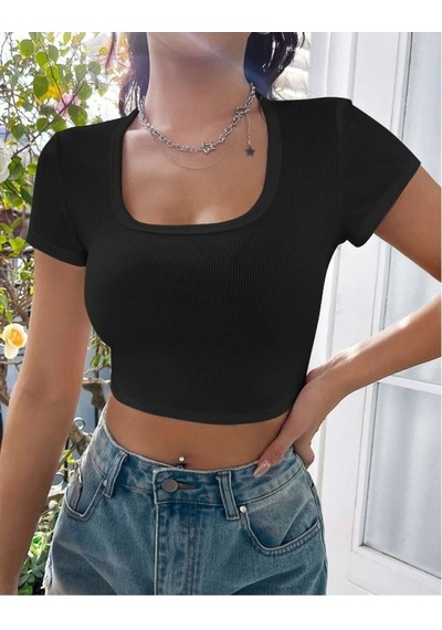 Rooted-kadın Kare & Havuz Yaka Crop T-shirt ,likralı Fitilli Kaşkorse Kumaş SIYAH