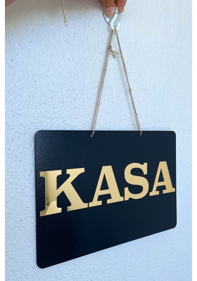 Kasa Yazılı Yönlendirme Tabelası - Siyah Mdf Üzeri Gold Aynalı Pleksi 29x20 Cm