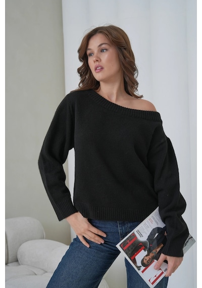 Kadın Kayık Yaka Yumuşak Dokulu Triko Kazak 8703sw Siyah
