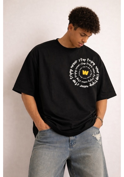 Tarz Cool Erkek Oversize Tişört Never Stop Trying Baskılı Salaş Kalıp Siyah