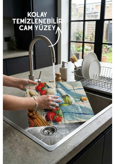 İtalyan Mutfak Desenli Cam Kesim Tahtası - 25x35cm -dayanıklı Ve Pratik Kesim Matı Çok Renkli