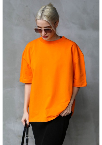 Madmext Turuncu Bisiklet Yaka Basic Oversize T-shirt Mg1687-turuncu Turuncu