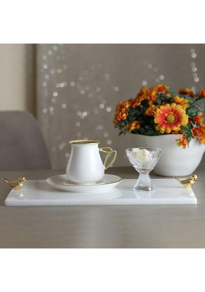 Akayev Mermer Beyaz 30x20 Cm Altın Kuş Sunum Tabağı Çok Renkli
