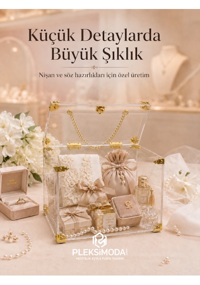 Şeffaf Söz Nişan Düğün Sandıkları 3 Lü Set - Pleksi Sandık Altın - Şeffaf